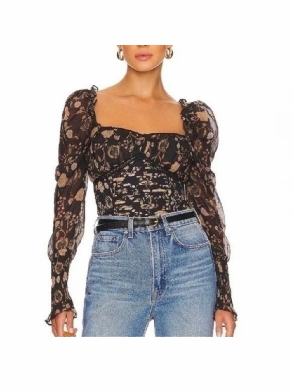 Free People Black Floral Square-Neck Puff Sleeve Top